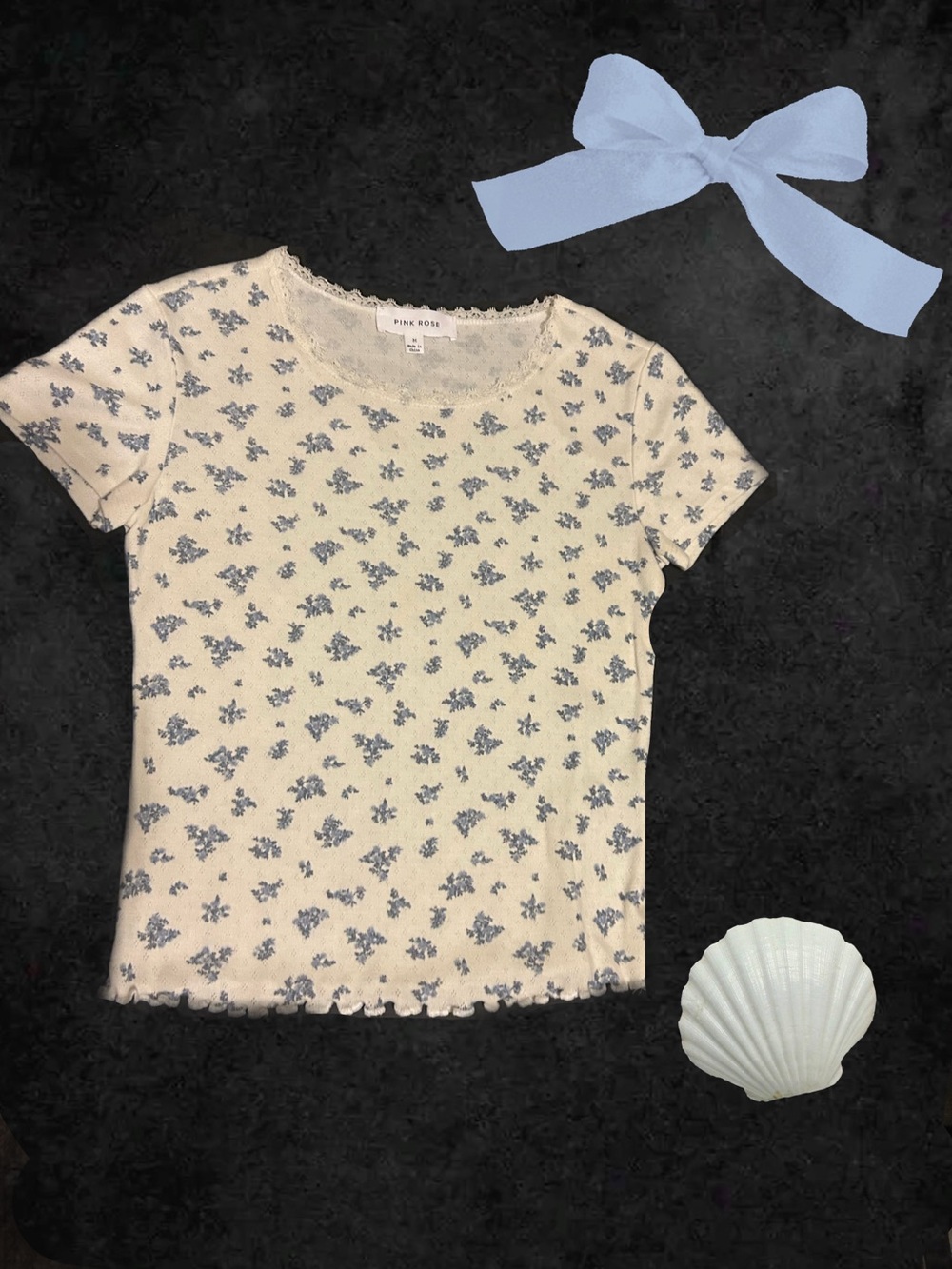 Pink Rose Cream Short-Sleeve Tee with Blue Floral Print